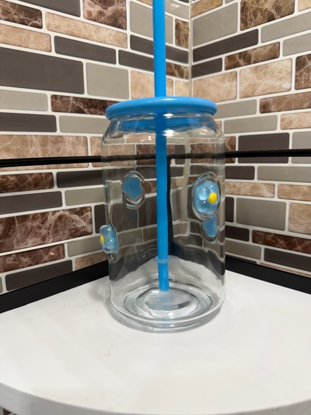 Glass Floral Tumbler with Blue lid & Straw